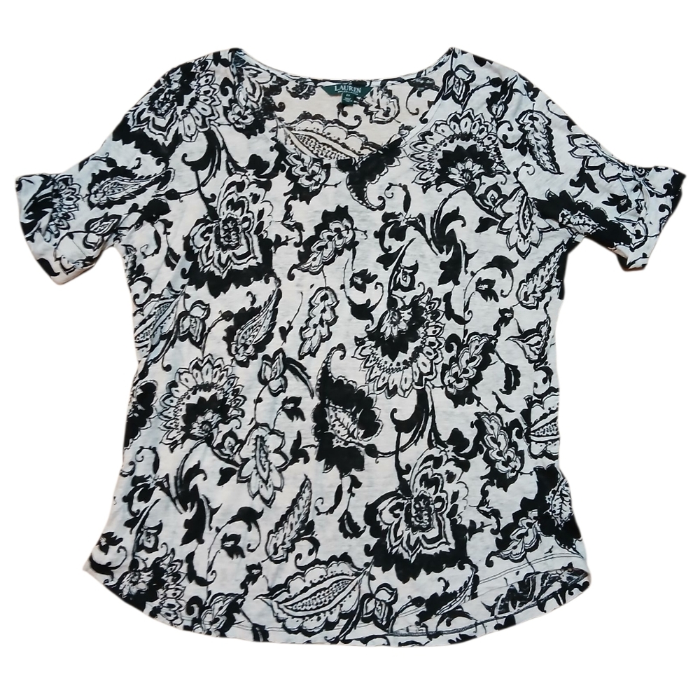 Ralph Lauren Women's Size 2XL Black and Cream Pure Linen Floral Short Sleeve Top - Picture 2 of 5